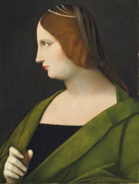 portrait-of-a-lady-bust-length-in-profile-with-a-string-of-pearls-headdress-and-a-grey-veil-in-a-green-mantle-holding-a-meda