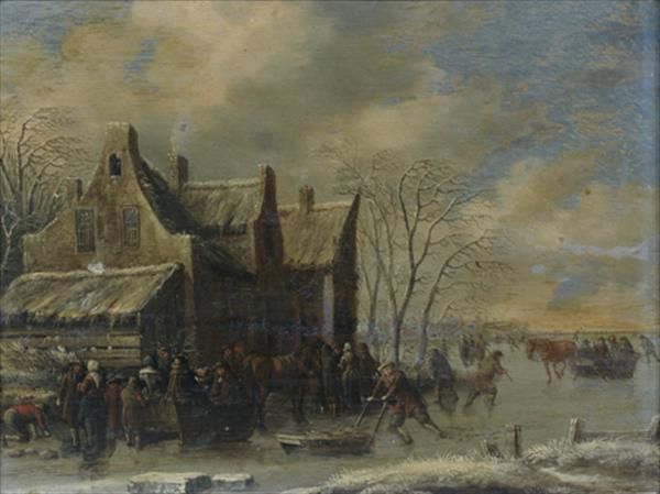 patineurs-sur-une-riviere-gelee-devant-un-hameau