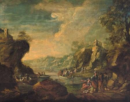 flusslandschaft-mit-kauffahrteiszenen-ubersetzenden-booten-und-burghugeln