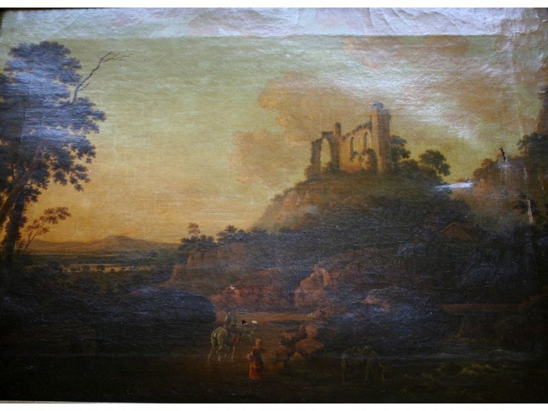 two-figures-with-their-horses-beneath-a-ruin-in-a-landscape-at-evening