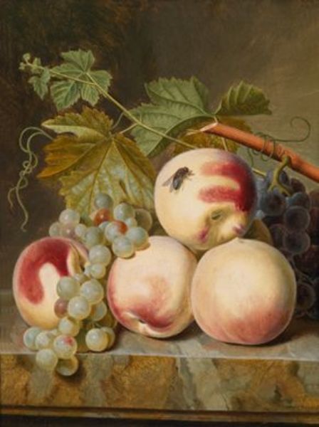 a-still-life-with-peaches-and-grapes-on-a-marble-slab