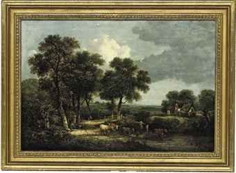 cattle-watering-at-a-river-a-cottage-beyond