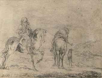 two-elegant-huntsmen-on-their-horses-with-a-dog