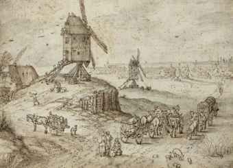a-landscape-with-windmills-travellers-and-wagons-in-the-foreground-and-a-town-beyond