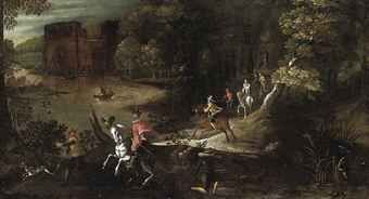 a-wooded-river-landscape-with-a-hunting-party