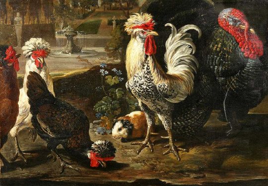 turkey-hens-cockerel-guinea-pig-by-a-faunal-garden-with-hare-crossing-by-a-fountain
