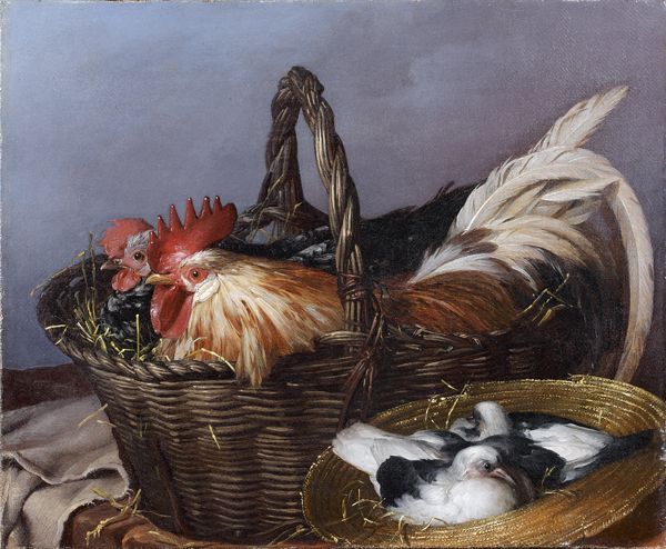 un-coq-et-une-poule-dans-un-panier-et-des-pigeonneaux-dans-un-chapeau-de-paille