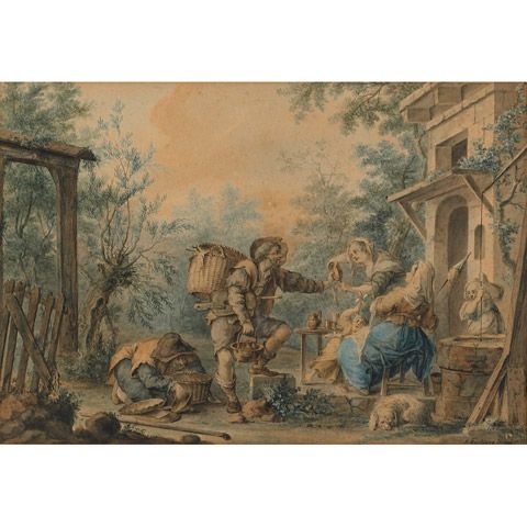 a-tinker-selling-pots-and-pans-to-a-peasant-woman-outside-a-cottage
