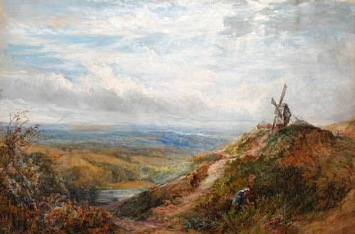 girl-picking-wildflowers-in-an-extensive-landscape-with-distant-windmill