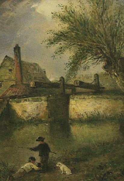 boys-fishing-beside-a-lock-gate-fishing-beside-a-stream-with-cattle-a-pair