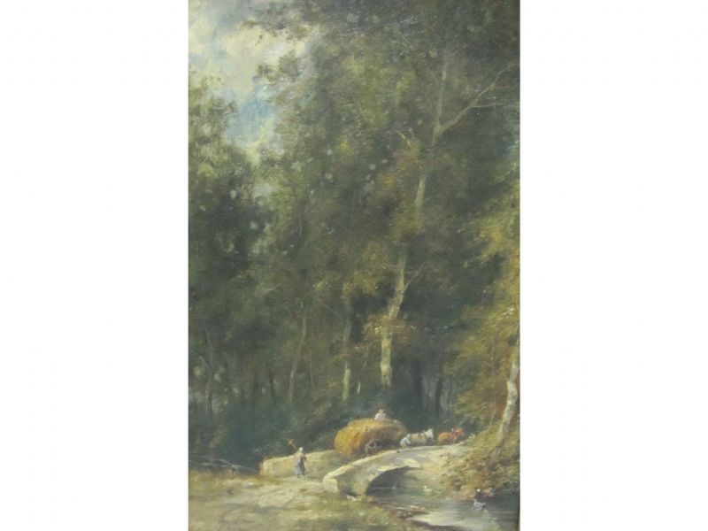 a-wooded-landscape-with-figures-and-hay-waon-crossing-a-bridge