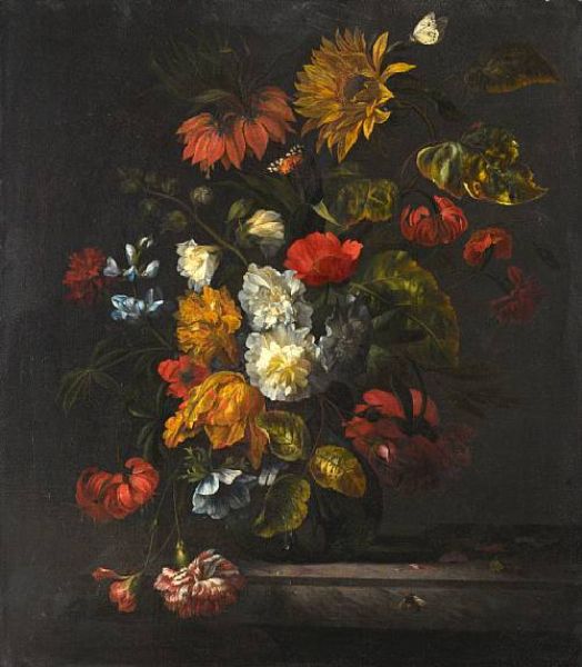 a-sunflower-carnations-roses-tulips-and-other-flowers-in-a-glass-vase-on-a-marble-ledge