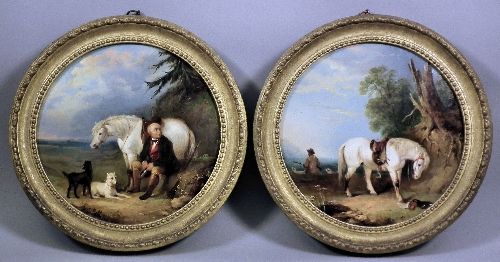 huntsman-leading-his-horse-and-huntsman-and-his-dogs-resting-with-his-horse