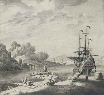 a-dutch-man-o-war-at-anchor-in-the-mediterranean-lying-off-a-jetty-with-figures-on-the-foreshore