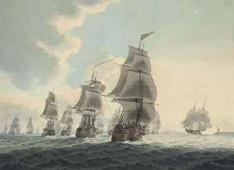 a-squadron-of-the-royal-navy-running-down-the-channel-illustrated-and-an-east-indiaman-preparing-to-sail