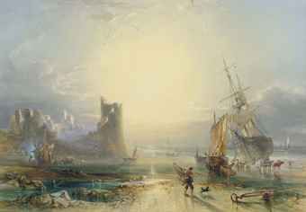 unloading-the-catch-before-a-ruined-castle-at-sunset