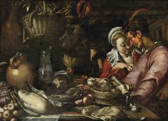 a-kitchen-still-life-with-a-couple-standing-beside-a-table-with-an-elaborate-display-of-meat-fish-vegetables-and-fruit