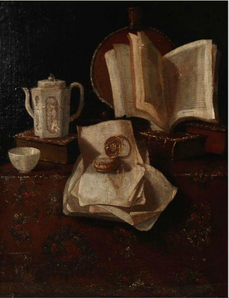 still-life-with-books-jug-and-clock-on-a-flowered-rug