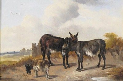 donkeys-and-a-goat-in-a-landscape