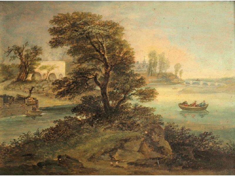 a-river-landscape-figures-in-boats-a-bridge-and-buildings-in-the-distance