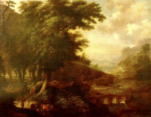 a-capriccio-mountainous-landscape-with-figures-and-cattle-in-the-foreground-a-bridge-and-hilltop-towns-beyond