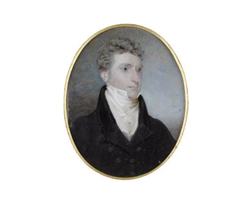 john-smith-of-belvedere-wearing-dark-blue-coat-with-black-collar-cream-waistcoat-chemise-stock-cravat-and-shirt-pin