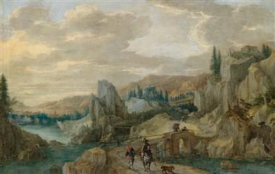 a-mountain-landscape-with-two-huntsmen-on-a-bridge-and-a-resting-chamois-hunter