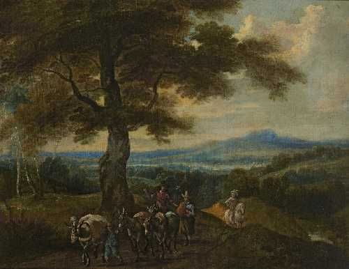 ziehende-bauern-mit-maultieren-bei-einem-baum-in-weiter-hugeliger-landschaft