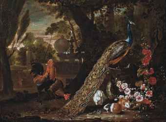 a-peacock-and-cockerels-with-guinea-pigs-and-a-rabbit-in-a-wooded-park
