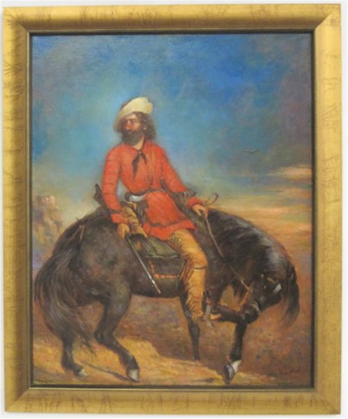a-desert-scene-with-a-bearded-cowboy-wearing-a-bright-red-shirt-seated-on-a-horse-with-his-rifle-drawn