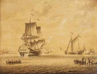 a-three-master-a-statenjacht-and-other-ships-on-a-calm-a-dutch-town-in-the-distance