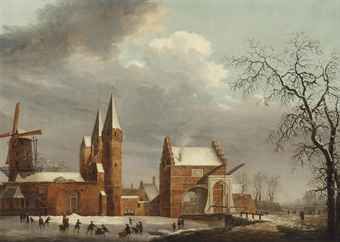 a-winter-landscape-with-figures-skating-on-ice-in-front-of-the-oostpoort-delft