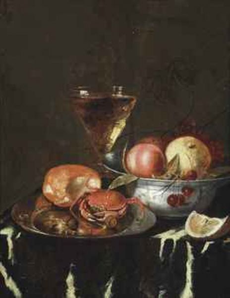 a-crab-on-a-pewter-platter-a-peach-cherries-in-a-pewter-bowl-and-a-wine-glass-on-a-draped-table