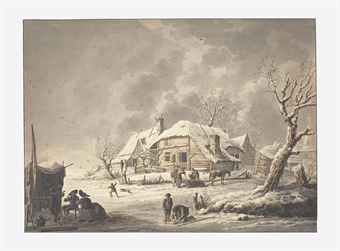 skaters-on-a-lake-beside-a-cottage-with-a-koep-en-zopie-or-cake-and-soup-stall