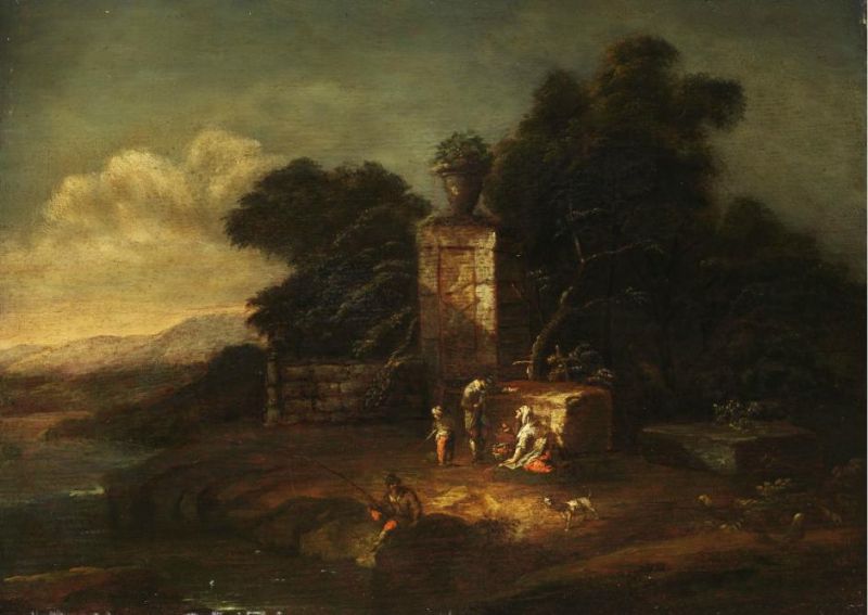 abendliche-landschaft-mit-figurenstaffage-vor-antikem-steinmonument-mit-steinvase
