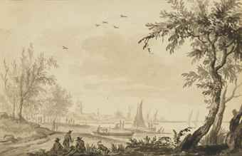 paysan-avec-son-troupeau-aux-abords-d-un-village-et-bateaux-au-bord-du-rivage