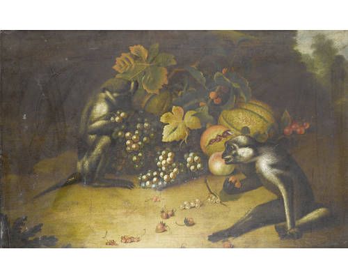 two-monkeys-playing-with-grapes-and-strawberries-before-a-landscape