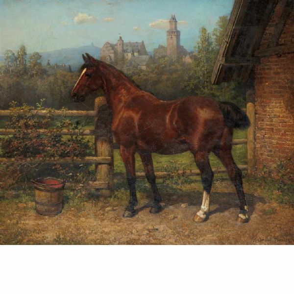 a-bay-hunter-beside-a-stable-with-castle-in-the-distance