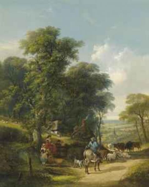 a-herdsman-with-cattle-and-sheep-on-a-country-road-passing-cottages