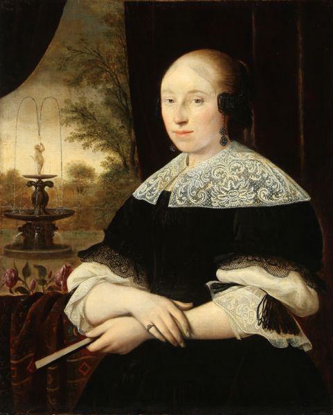portrait-of-an-elegant-lady-holding-fan-and-with-distant-garden-and-fountain-beyond