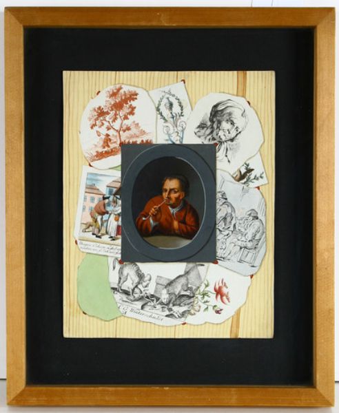 quodlibet-mit-halbfigur-eines-rauchers-mit-kappchen-und-brauner-joppe-umgeben-von-kupferstichausschnitten-allesamt-vor-illusioni