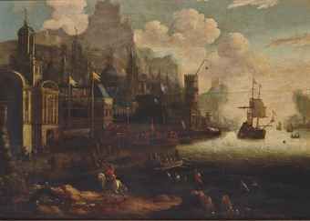 a-capriccio-of-a-mediterranean-harbour-with-moored-galleons-and-figures