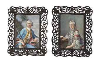 portrait-d-un-homme-assis-tenant-un-fusil-et-portrait-d-une-femme-de-trois-quart-accoudee-a-une-balustrade-et-tenant-un-livre