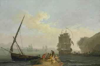 a-mediterranean-bay-with-figures-unloading-a-man-o-war-figures-playing-cards-in-the-foreground-other-vessels-beyond