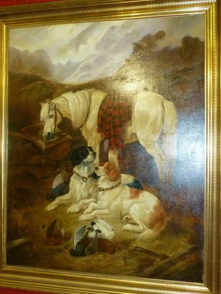 grey-pony-with-two-setters-and-dead-game-in-a-highland-landscape