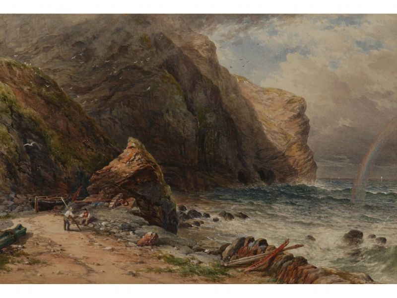 fishermen-beside-a-rocky-bay-conversing-beside-an-anchor-with-a-rainbow-in-the-distance