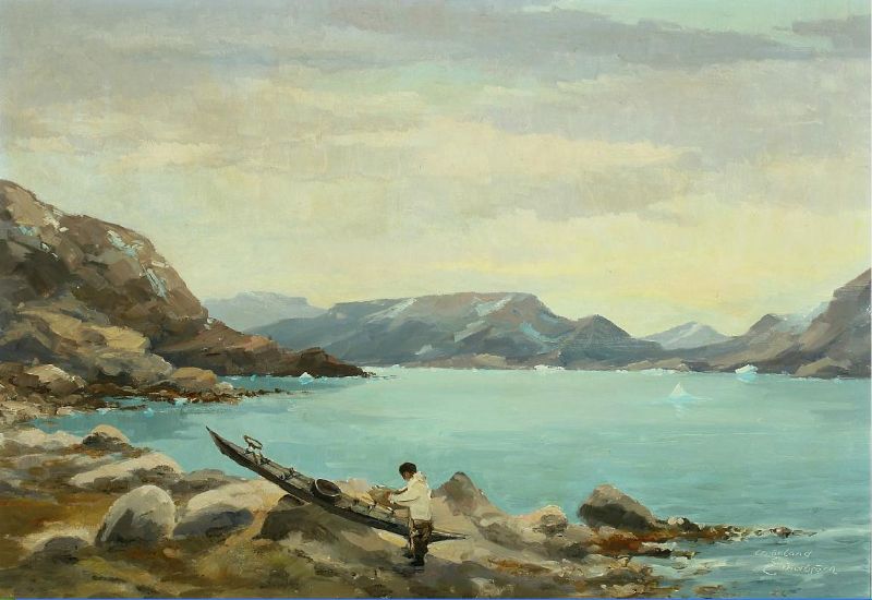 a-hunter-by-his-kayak-in-a-greenlandic-coastline