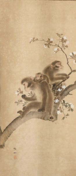 monke-family-in-a-cherry-tree-a-hanging-scroll