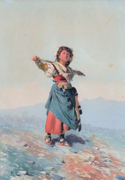 1-trachtenfrau-in-landschaft-2-bauer-mit-holzfass