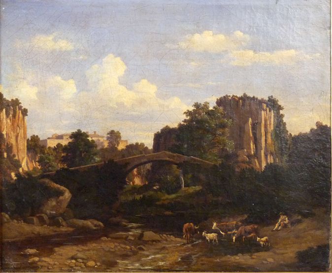 a-rocky-river-landscape-with-a-boy-tending-cattle-and-goats-near-a-bridge